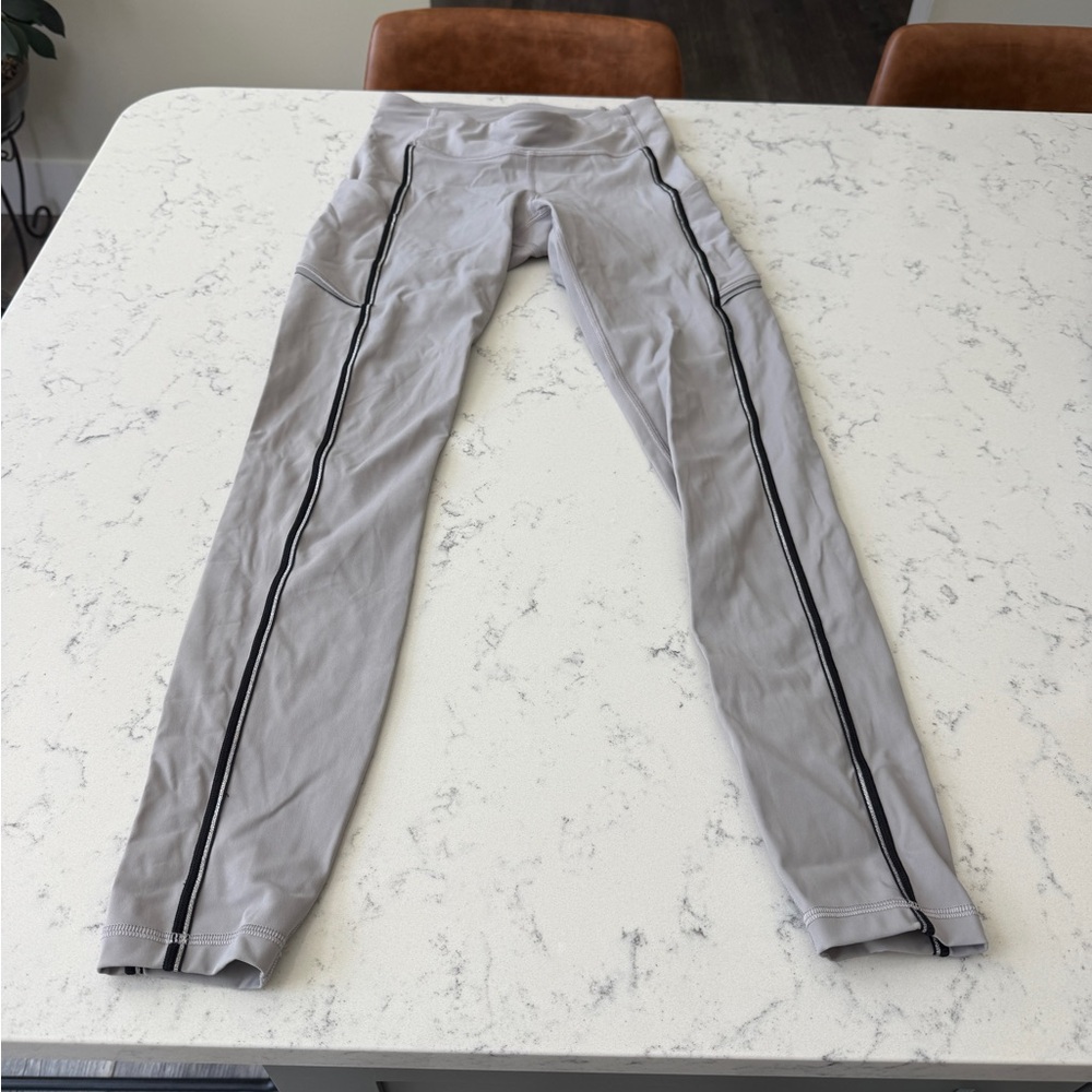 Lululemon Gray Leggings with Black and Silver Stripes